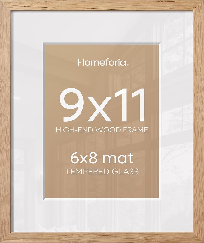 Homeforia 9x11 Natural Oak Picture Frame, High-End Wood, 6x8 Mat, Glass