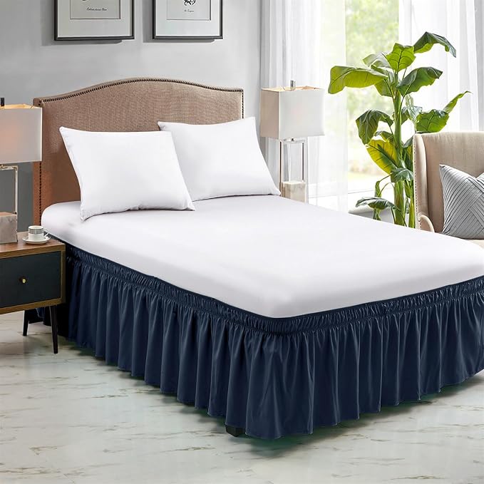 FreshCulture Twin Bed Skirt, Elastic Wrap Around Bed Skirt Twin Bed, Easy Fit with 15-Inch Tailored Drop, Hotel Quality Bed Skirts for Adjustable Bed (Navy Blue)