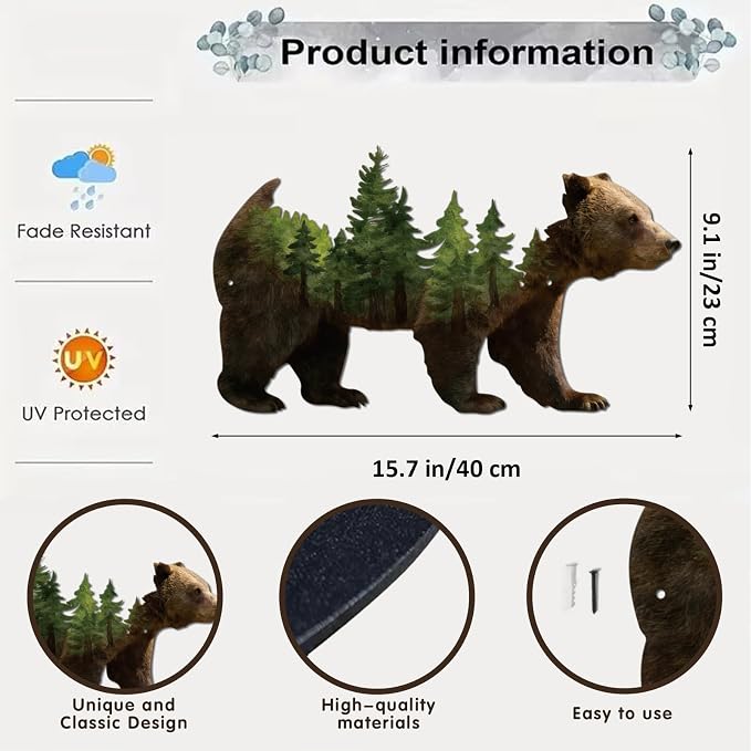 Resama Metal Wall Art Forest Modern Pine Tree Animal Bear Rustic Art Decor | Wilderness Decoration Mountain Ornaments for Living Room Bedroom Indoor and Outdoor Supplies(Colorful)