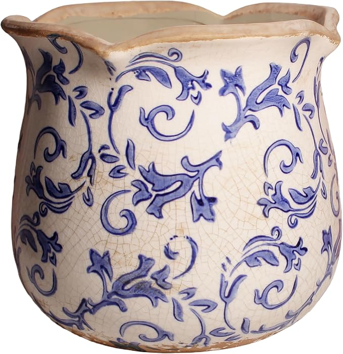 Retro Distressed Ceramic Pots, Antique Crackle Glaze Planters w/ Drainage | Blue and White Chinoiserie Pottery Vase for Indoor Outdoor Plants, Living Room Balcony Office Decor, Gardening Gifts