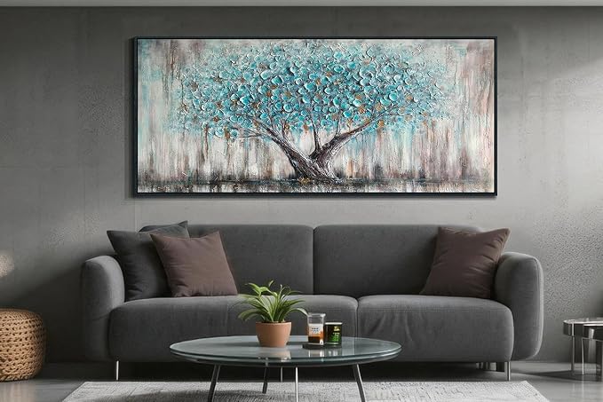 Arjun Framed Blue Tree Extra Large Tree of Life Canvas Wall Art 71"L x 32"W | Bedroom Hand Painted Textured Painting Living Room Nature Picture Oversize Panoramic Landscape Artwork Home Office Wall Decor