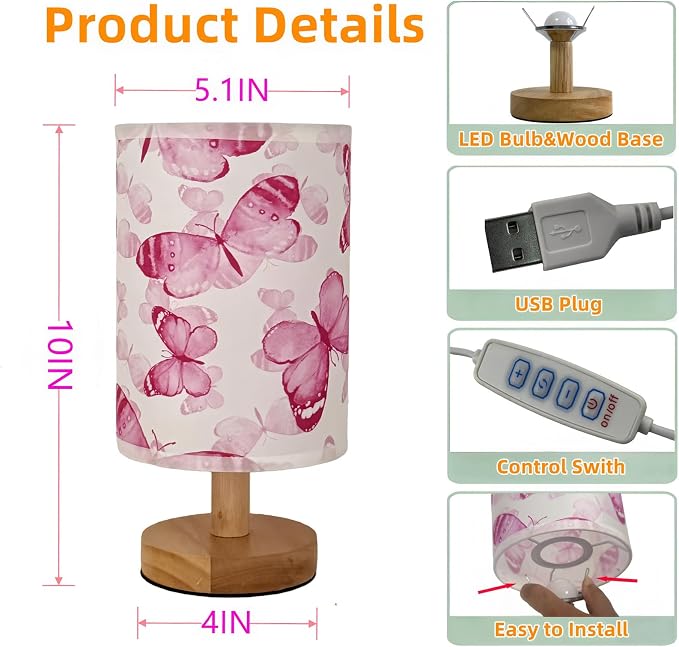 Butterfly Kids Table Lamp for Bedroom Girls Small Dimmable Bedside Lamps