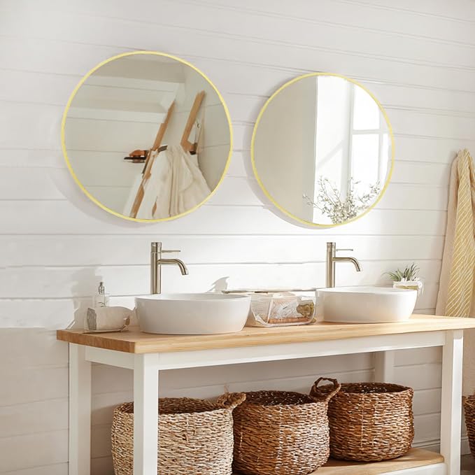 Gold Round Mirror 24 inch, 2 Pack Circle Mirror,Brushed Metal Frame | High Definition Mirror, Waterproof, Sturdy, Circle Mirror for Bathroom, Bedroom, Entryway, Living Room, Wall Décor