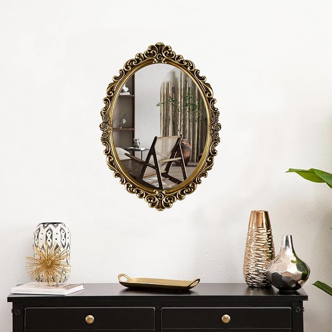OIGUMR Medium Oval Wall Mirror Resin Frame Size：20.4 x 14.5 inch | Vintage Hanging Mirrors for Bedroom Living-Room Dresser Decor Gold