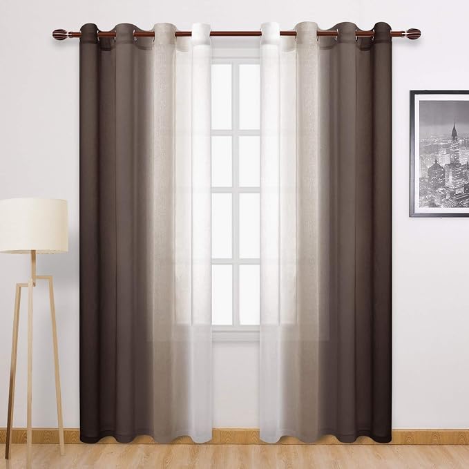 DWCN Ombre Faux Linen Sheer Curtains - Extra Long Gradient Semi Voile Grommet Top Bedroom and Living Room Curtains, 52 x 102 Inches Long, Set of 2 Window Curtain Panels, Chocolate Brown
