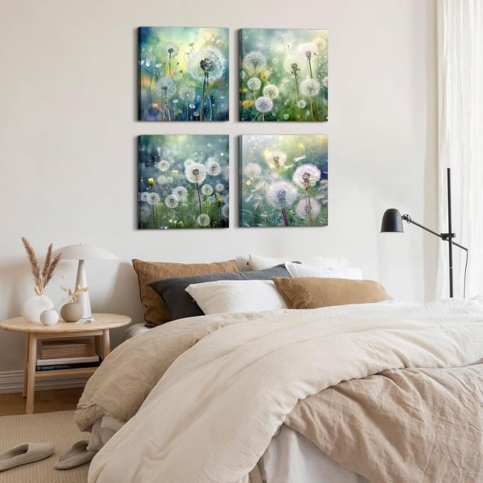 Teal Nature Dandelion Wall Art Bathroom Decor Colorful Modern Botanical Canvas Prints for Living Room Watercolor Dandelion Picture Country Flower Painting Bedroom Kitchen Home Decorations 20x20" 4 Pcs