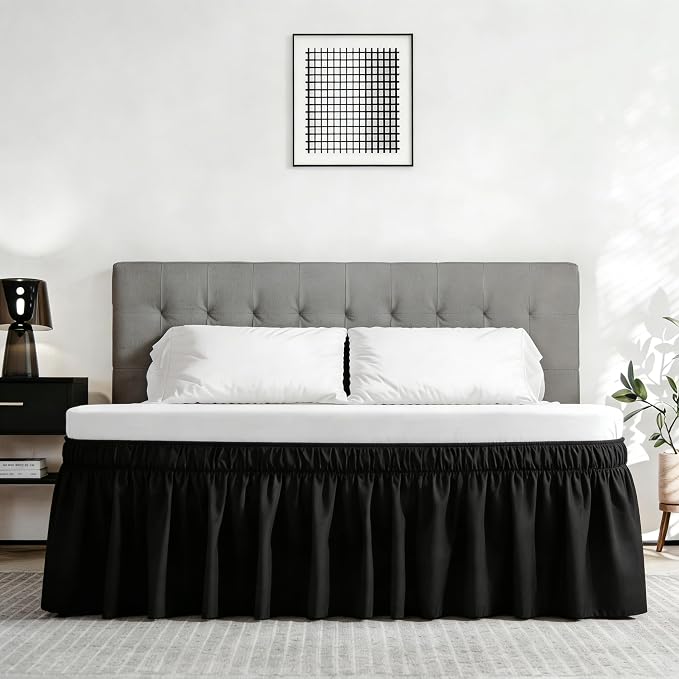 Vocander Black Queen Bed Skirt 16 Inch Drop, Elastic Wrap Dust Ruffle | Hides Underbed Storage, No Mattress Lifting, Elastic Stays Put, Soft Fabric, Machine Washable, Polished Look