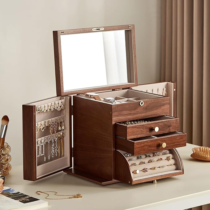 Black Walnut Wooden Jewelry Box for Women, 4 Layer | With Mirror, Lockable Top Lid & Side Doors, Velvet-Lined, Large Wood Jewelry Organizer For Watch Necklace Ring Earring, Gift
