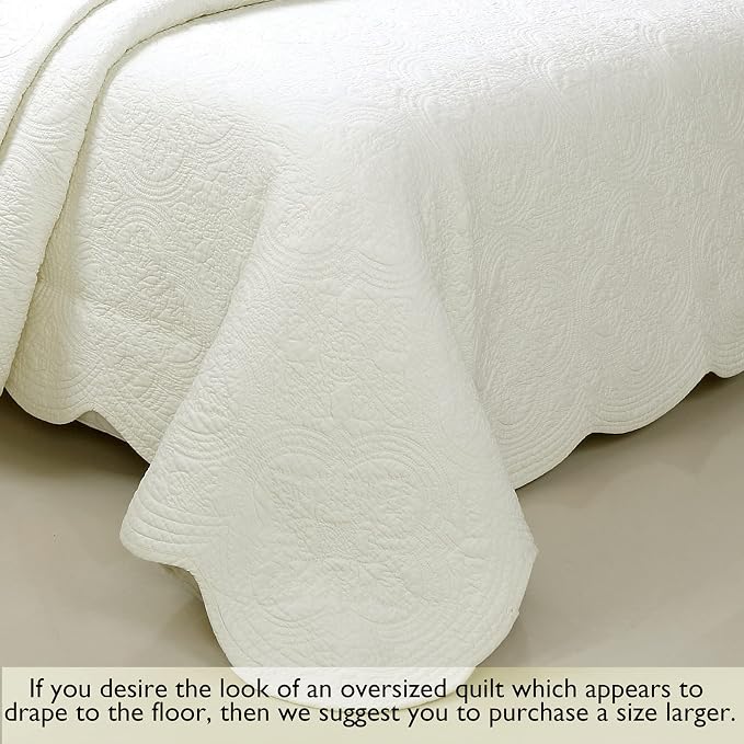 Cozy Line Home Fashions 100% Cotton Medallion Off White Matelasse Embossed Bedding Quilt Set, Reversible Lightweight Bedspread, Coverlet for All Season (Ivory, Oversized King - 3 piece)