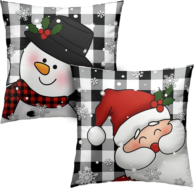 Santa Snowman Christmas Pillow Covers 22x22 Black and White Plaid Winter Throw Pillows Cases Warm Touch Xmas Decorative Cushion Cases for Indoor Bed Sofa in 2 Pcs