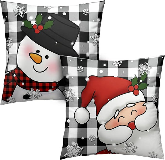 Plaid Christmas Decorations Black and White Pillow Covers 24x24 Set of 2 Santa Snowman Cushion Covers Winter Snowflakes Pillows Decorative Holiday Home Decor for Sofa Bed