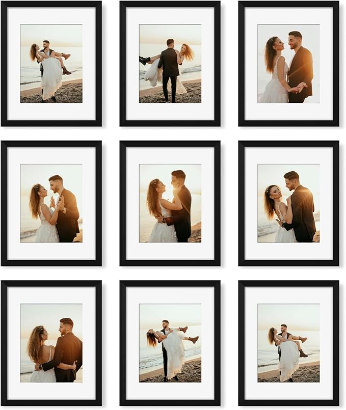 YESKAY 11x14 Picture Frame Set of 9, Photo Gallery Wall Frame Set, Display Pictures 8x10 with Mat or 11 x 14 Without Mat, Multi Photo Frames for Wall Mounting or Table Top Display, Black