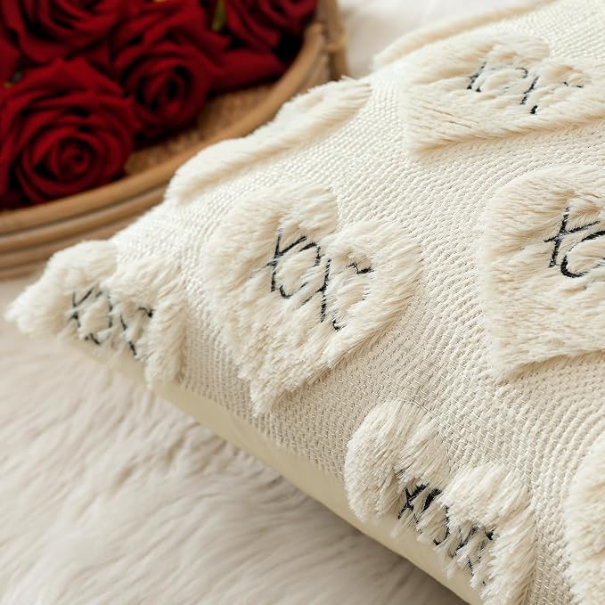 Artscope Valentines Pillow Covers 16x16 Set of 2 Decorative Love Heart XOXO Valentine's Day Throw Pillow Cases Soft Plush Faux Fur Couch Cushion Case for Holiday Sofa Bed Room Home Decor-Beige XOXO