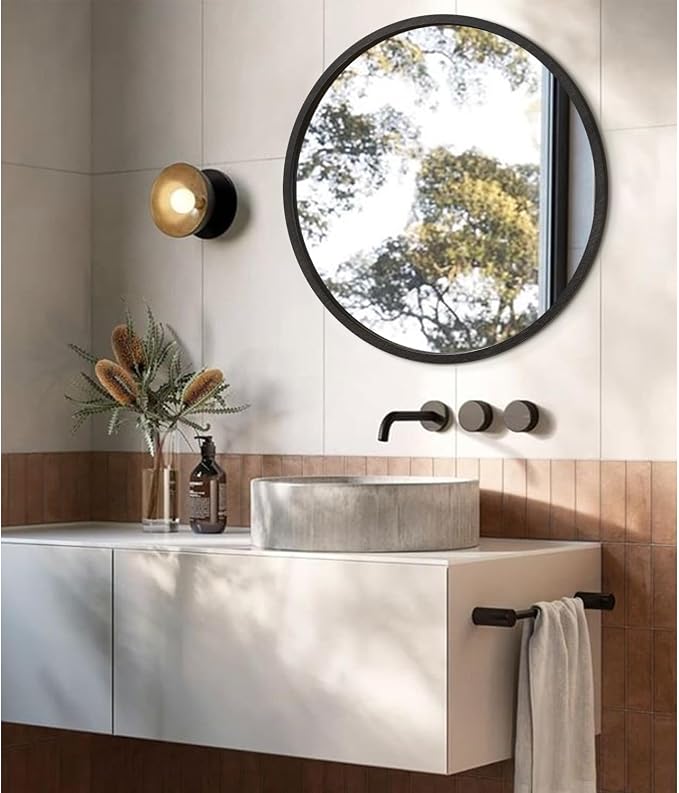 JJUUYOU Round Wall Mirror 20" Hanging Circle Mirror Round Mirrors for Bathroom Wooden Farmhouse Frame Mirrors for Bedroom Living Room or Entryway Wall Decorative