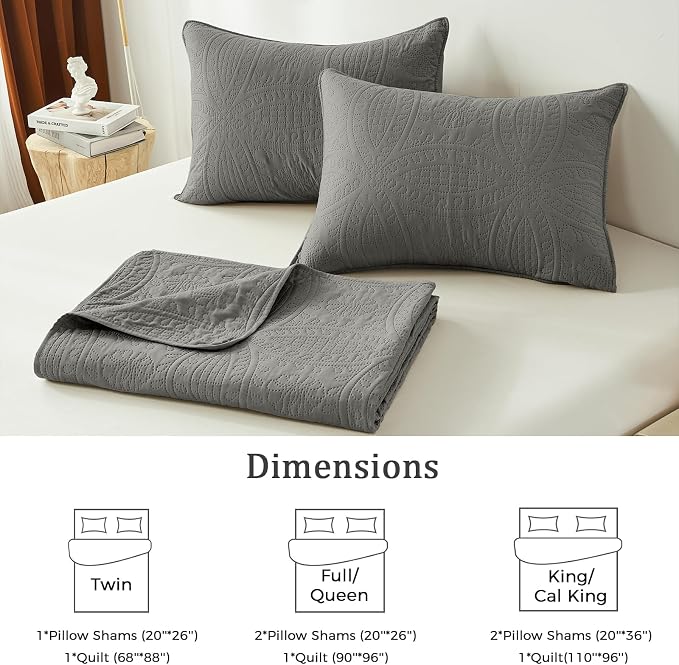 akkialla Dark Grey King/Cal King Quilt Set, Ultrasonic Lightweight Bedspread Coverlet for Modern Minimalist Bedroom, Soft Microfiber Coin Pattern Bedding, 3-Piece (1 Quilt, 2 Pillow Shams) | Breathable fabric