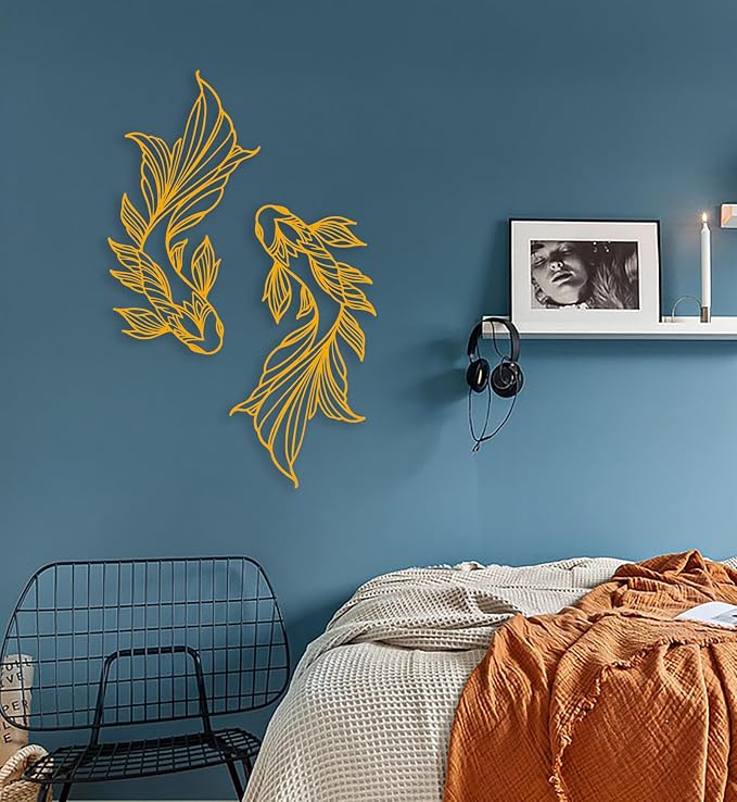 RESACO Koi Fish Metal Wall Art Japanese Art Wall Decor Iron Fish Gifts Asian Decorations for Living Room Bathroom Indoor Outdoor (Gold)