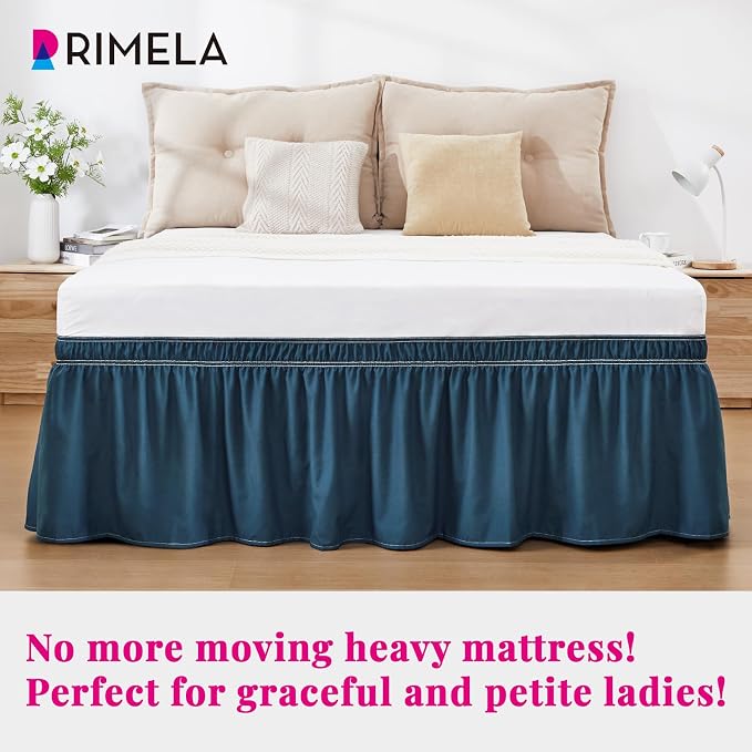 Dusty Navy Bed Skirt Queen Size 18" Drop, Elastic Wrap Around Bedskirt | Solid Ruffled, Easy to Use, No Mattress Lifting, Wrinkle & Fade Resistant, with Adhesive Strips, Machine Wash/Dry/Iron