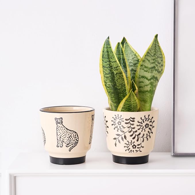 STHIE Indoor Ceramic Plant Pots with Drainage Holes, 5 Inch, Leaf Design