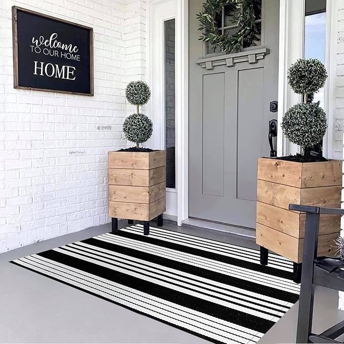 Black and White Outdoor Rug 3'x 5',Striped Farmhouse Front Porch Mat | Machine Washable Hand-Woven Outdoor Front Porch Rug Combined Use With Hello Welcome Mat