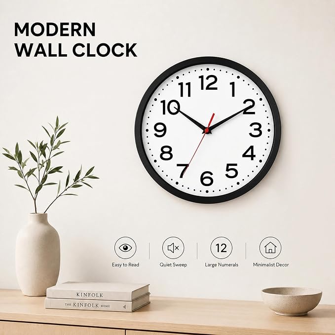 Roymnie 14 Inch Wall Clock, Battery Operated Silent Non Ticking Black | analog wall clock; bold numerals for easy reading; silent non-ticking; 1 AA battery (not included); for classroom