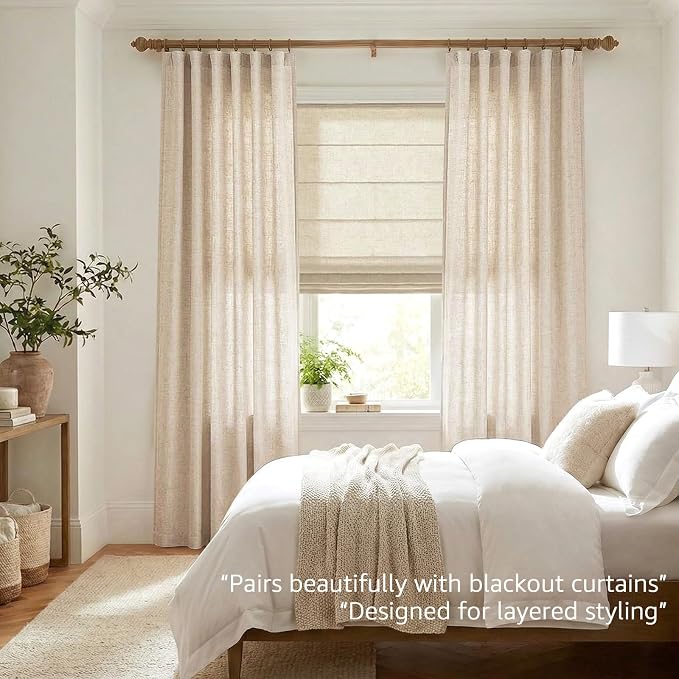 jinchan Linen Curtains Light Filtering Back Tab 50x84 Inch 2 Panels Beige | Semi Sheer Curtains 84 inch length for Bedroom Living Room, Modern Farmhouse Drapes with Rod Pocket, Natural Boho Curtains