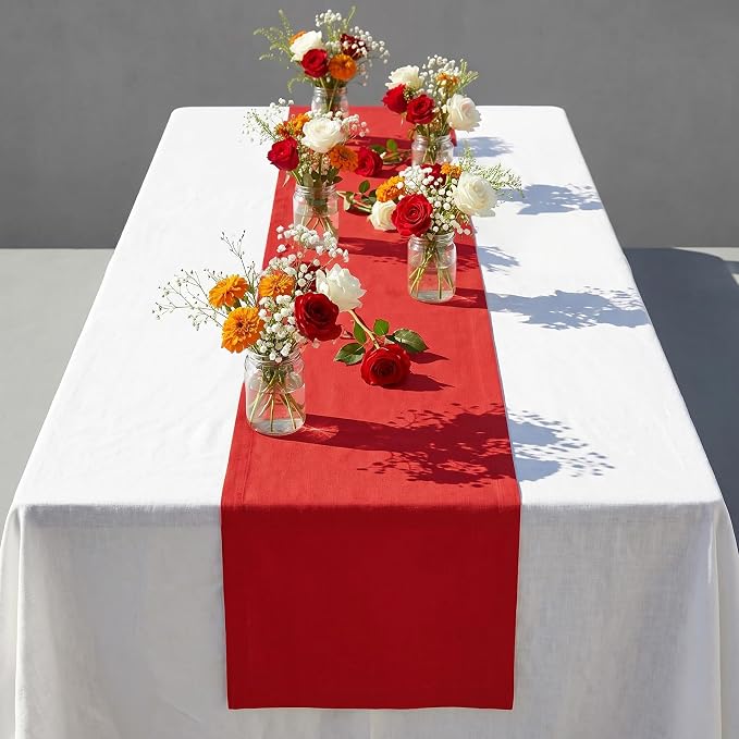 Solino Home 100% Pure Linen Table Runner Red Extra Long, Fete 14 x 132 in | a graceful centrepiece for dining and gatherings, European flax fibres, handloomed texture, soft, fine, OEKO-TEX Certified