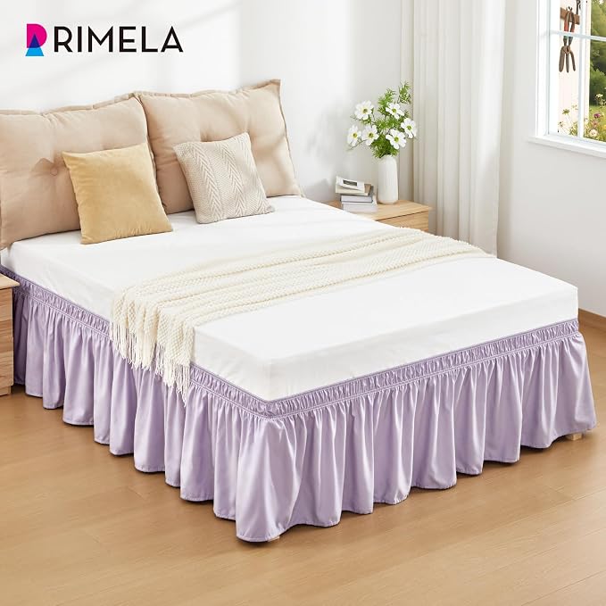 Lavender Purple Bed Skirt Queen 18" Drop, Elastic Wrap Around Bedskirt | Solid Ruffled, Easy to Use, No Mattress Lifting, Wrinkle & Fade Resistant, with Adhesive Strips, Machine Wash/Dry/Iron