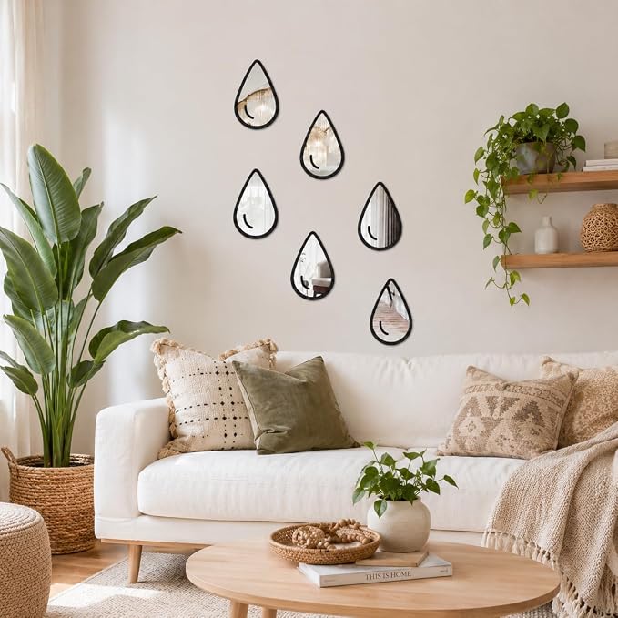 1 Set 6pcs Teardrop Mirror Wall Stickers, Self Adhesive Decorative Mirror Tiles, 5.9 x 3.5 Inch Water Drop Wall Mirror Decor for Bedroom Bathroom Living Room Entryway Modern Boho Accent