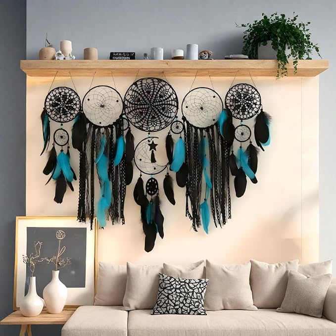 Dream Catcher Wall Decor,Large Boho Dream Catcher with Luxurious Feathers & Beads, Handmade Wall Hanging for Bedroom,Living Room, Gift Ready for Girls & Adults (Black-Blue)