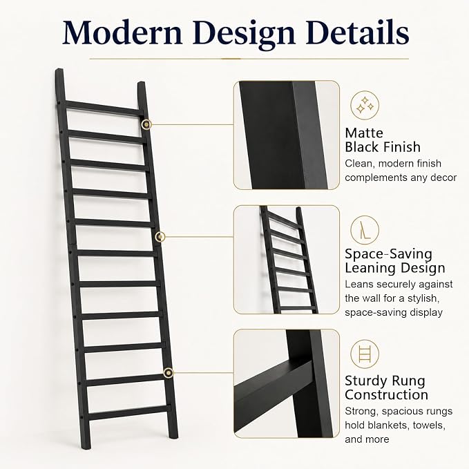 FUIN Blanket Ladder, 24 in Wide 11-Rung Solid Wood Rustic Decor Rack, Black | 11 rungs and 24in wide, Solid wood visible grain, Angled lean-to design, Anti-slip support, Living room and bathroom use