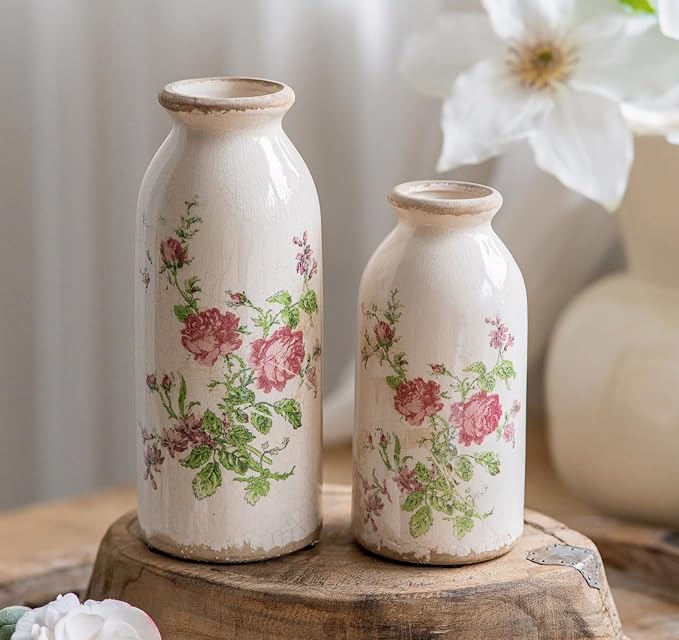 Ceramic Rustic Farmhouse Vase, Distressed Flower Vase for Home Decor, Ideal Shelf Decor, Boho Vase for Living Room Bedroom Kitchen Office Decor Centerpiece Table Decorations (6 inches)