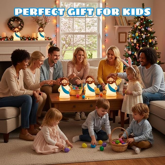 Jesus Night Light Rechargeable Bedside Night Light Dimmable Silicone LED Light Ideal for Religious Gatherings, Gifts for Sunday School, Baptism Presents, Easter Egg Decorations (blue) (Blue)