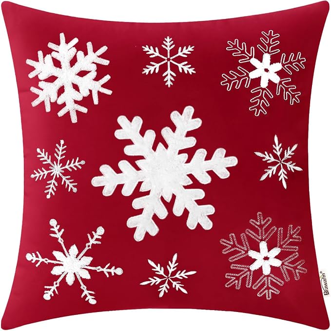 BRAWARM Christmas Pillow Cover 18 X 18 Inches, Christmas Red Snowflake Embroidered Pillow Cover, Soft Velvet Decorative Throw Pillow for Couch Bed Sofa Living Room Home