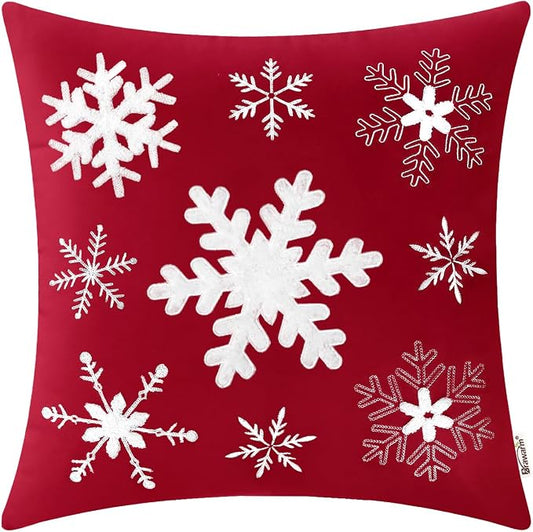 BRAWARM Christmas Pillow Cover 18 X 18 Inches, Christmas Red Snowflake Embroidered Pillow Cover, Soft Velvet Decorative Throw Pillow for Couch Bed Sofa Living Room Home