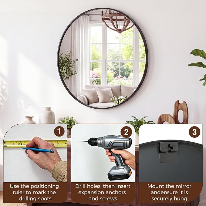 NEWBULIG 30 Inch Round Wall Mirror, Bathroom Mirrors for Over Sink, Matte Metal Framed Circle Vanity Mirror, Wall Decor for Bedroom, Anti-Rust, Tempered Glass, Hanging or Leaning, Classic Black