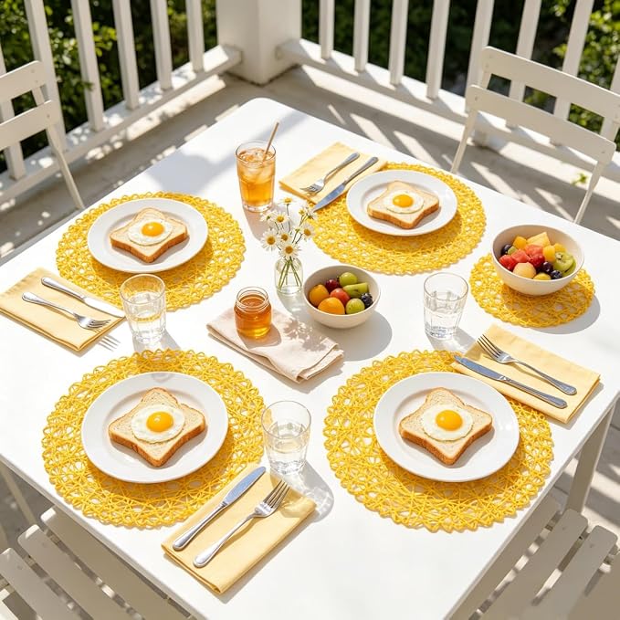 IcosaMro Yellow Round Placemats Set of 12 for Dining Table, 13 Inches Paper Woven Boho Small Decorative Circle Place Mat for Wedding Christmas Thanksgiving Day Holiday Dinner, Yellow