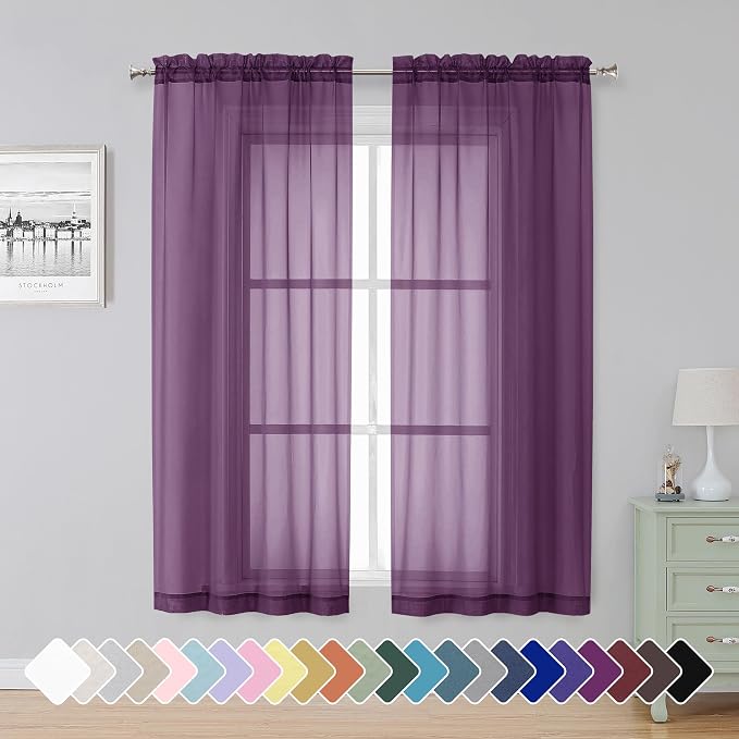 Simplebrand Plum Sheer Curtains 63 Inch Length 2 Panels, Rod Pocket Solid Color Window Sheer Curtain Panels, Elegant Curtains & Drapes for Living Room, Bedroom 2 Panels (Plum, 42" W x 63" L)