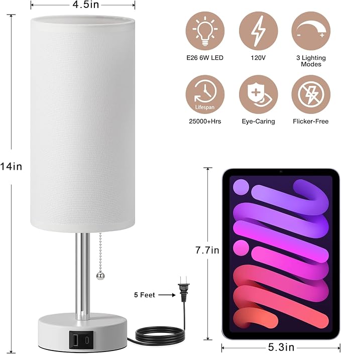 White Bedside Table Lamp for Bedroom - Small Nightstand Lamp for Girls