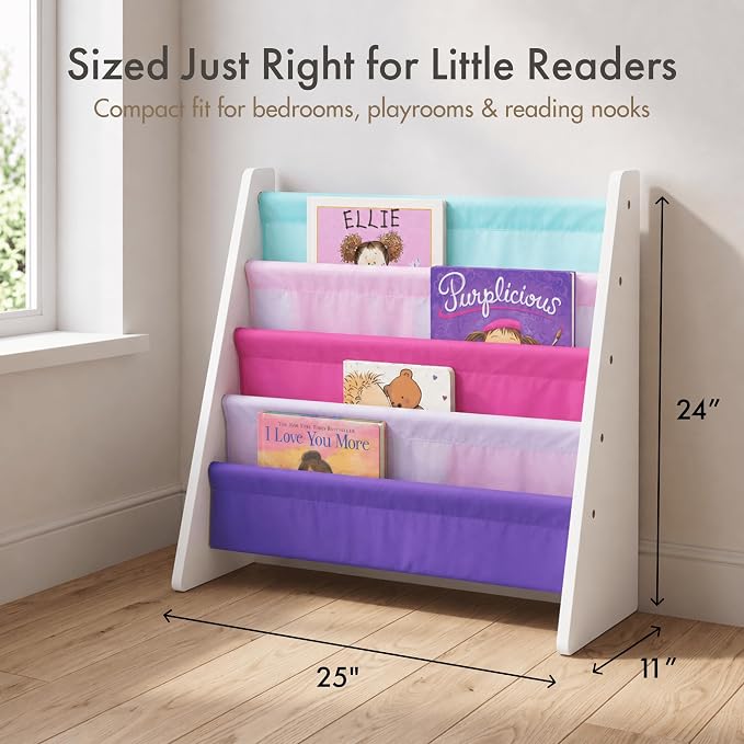 Humble Crew Kids Bookshelf, Montessori Front Facing Toddler Bookcase 4 Tier | Book display rack and reading nook organizer, nylon pockets show covers face out, compact for any playroom or bedroom space