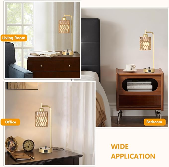 Gold Lamp for Bedroom, Boho Rattan Table Lamps Set of 2 with LED Bulbs, Bedside Lamps for Night Stands with Wicker Shade, USB Port and Outlet, Modern Side Desk Lamp for Living Room Office
