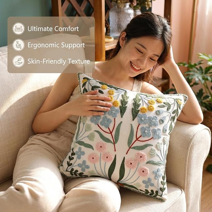 YIcabinet Pack of 2 Throw Pillow Covers,Little Daisy Embroidered Pillow Case Soft Decorative Pillowcases for Home Sofa Couch 18x18 Inch
