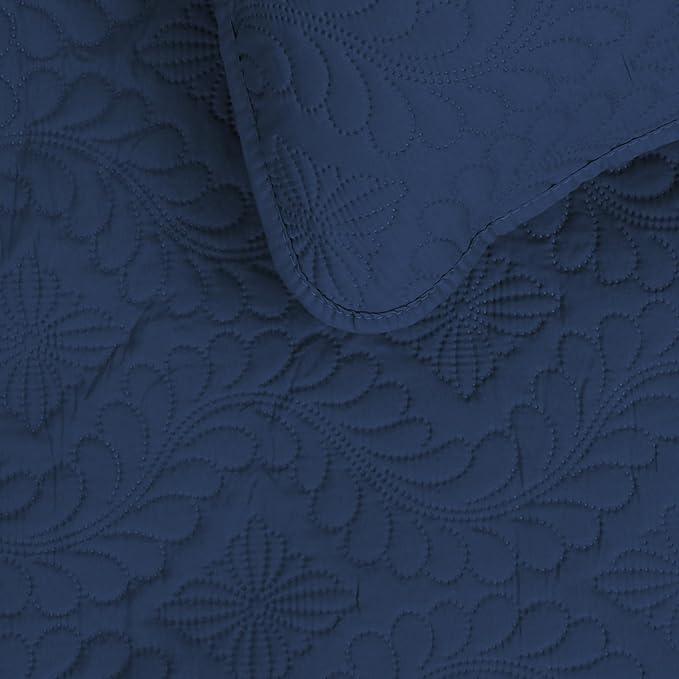 Easy-Going Reversible Quilt Set Twin, Bedspread with 1 Shams | Olive leaf-Dark Blue/Light Blue, Lightweight Bed Comforter, 1 Quilt + 1 Pillow Shams, All-Season Coverlets