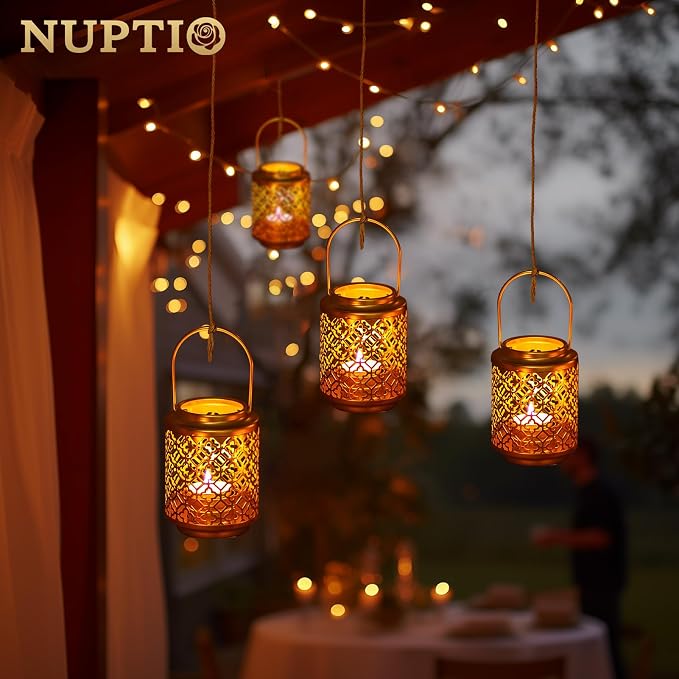 NUPTIO Decorative Candle Lanterns Gold, 2 Pcs Tea Light Candles Holders