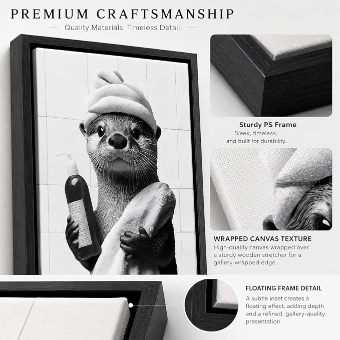 Framed Funny Bathroom Otter Canvas Wall Art Cute Otter Painting Picture Wall Decor Black and White Bathroom Animal Poster Print Artwork for Toilet Restroom Home Decoration 8x10in
