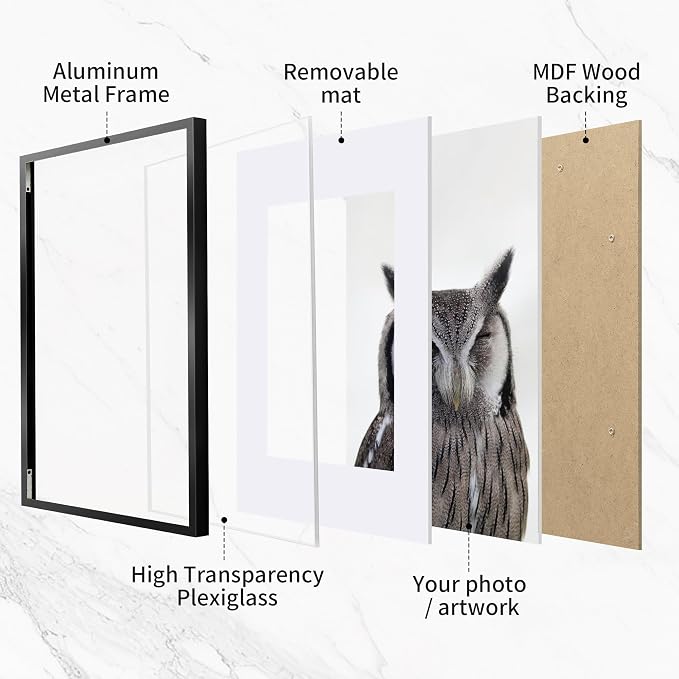 Fun Memories A4 Metal Picture Frame - 8.3 x 11.7 Aluminum Photo Frames with A5 Removable Mat- Ideal for Wall or Tabletop Display - Wall Hook Hanging Hardware Included (Black, 1 Pack)