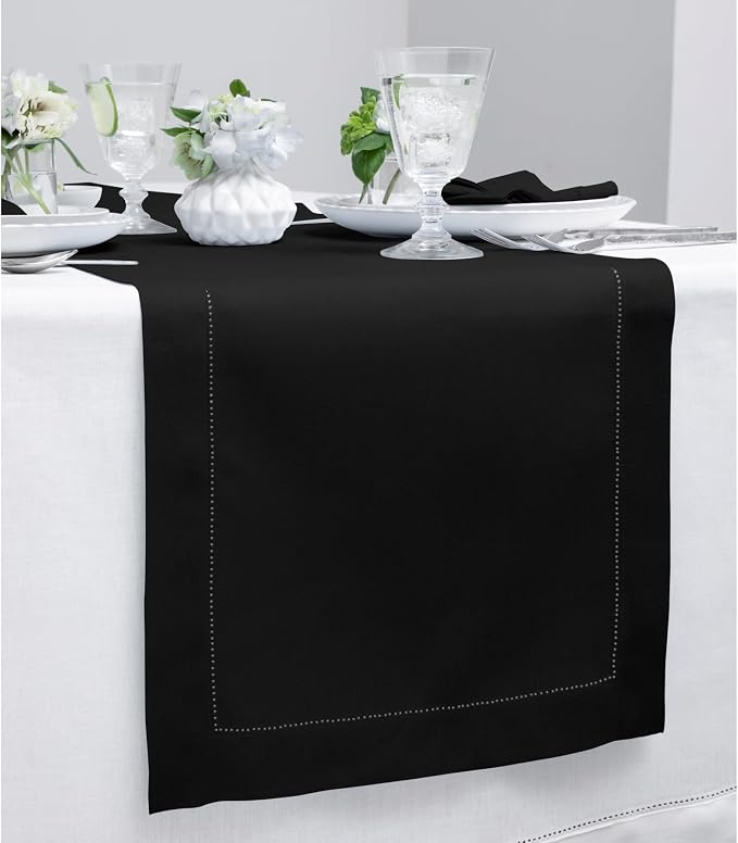 Solino Home 100% Linen Table Runner Black, Classic Hemstitch 14 x 144 in | dresses up dining tables for everyday meals, hemstitched border, mitered corners, machine washable, Black, OEKO-TEX Certified