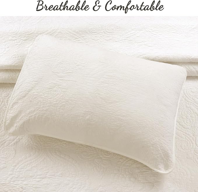 Cozy Line Home Fashions Ivory Cotton Quilt Set – 3-Piece Quilted Damask Medallion Bedspread with Shams, Textured All Season Elegant Bedding, Queen