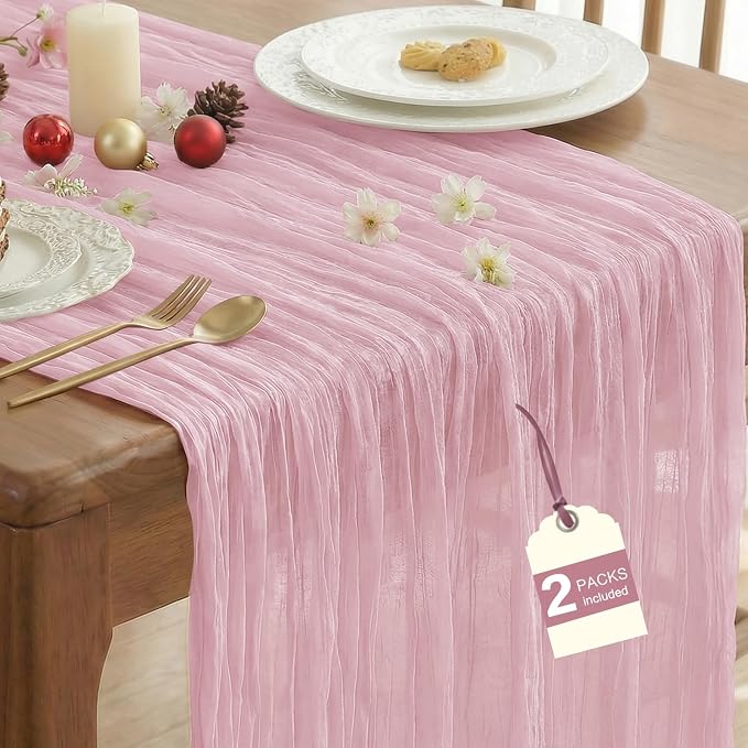 IVAPUPU Pink Table Runner 120 Inches for Wedding Birthday Party Home Decor | 2 Pcs Boho Gauze 10FT Cheesecloth Table Runners for Baby Shower Decorations Summer Garden Farmhouse