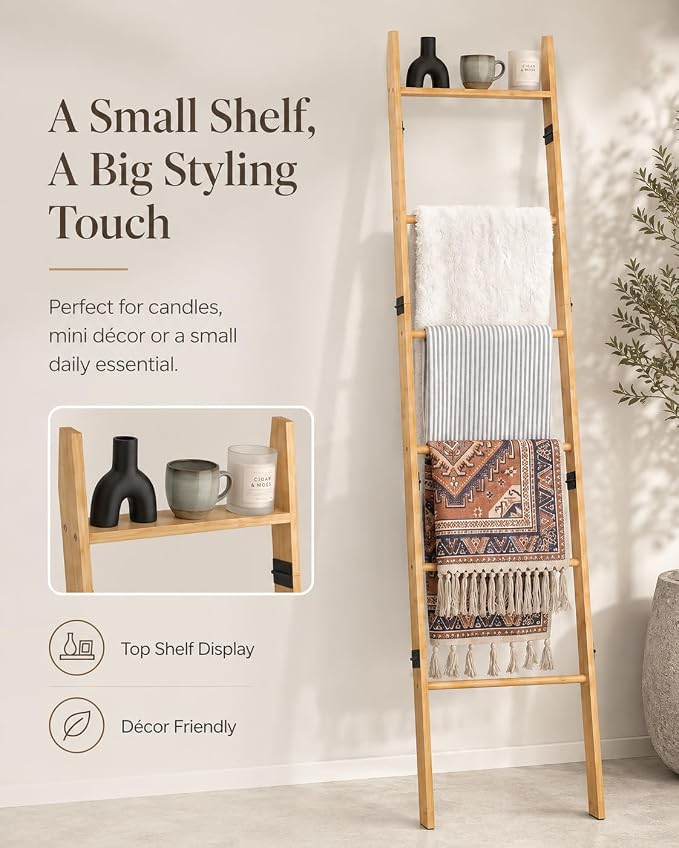 6 Tier Blanket Ladder with Shelf, Wooden Blanket Rack for Living Room, Leaning Towel Ladder Rack for Bedroom, Bathroom, Quilts, Throws, Towels and Farmhouse Décor