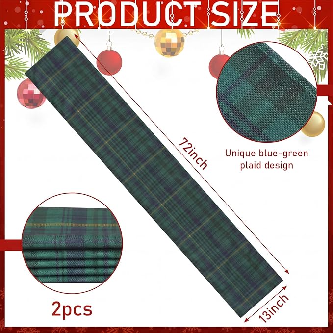 Gilprop 2 Pcs 72 x 13'' Tartan Plaid Table Runner Green and Blue | Vintage Bear Babyshower Birthday Party Dining Decor, Checkered Cloth for Home Kitchen Farmhouse, Reusable Fabric Sets